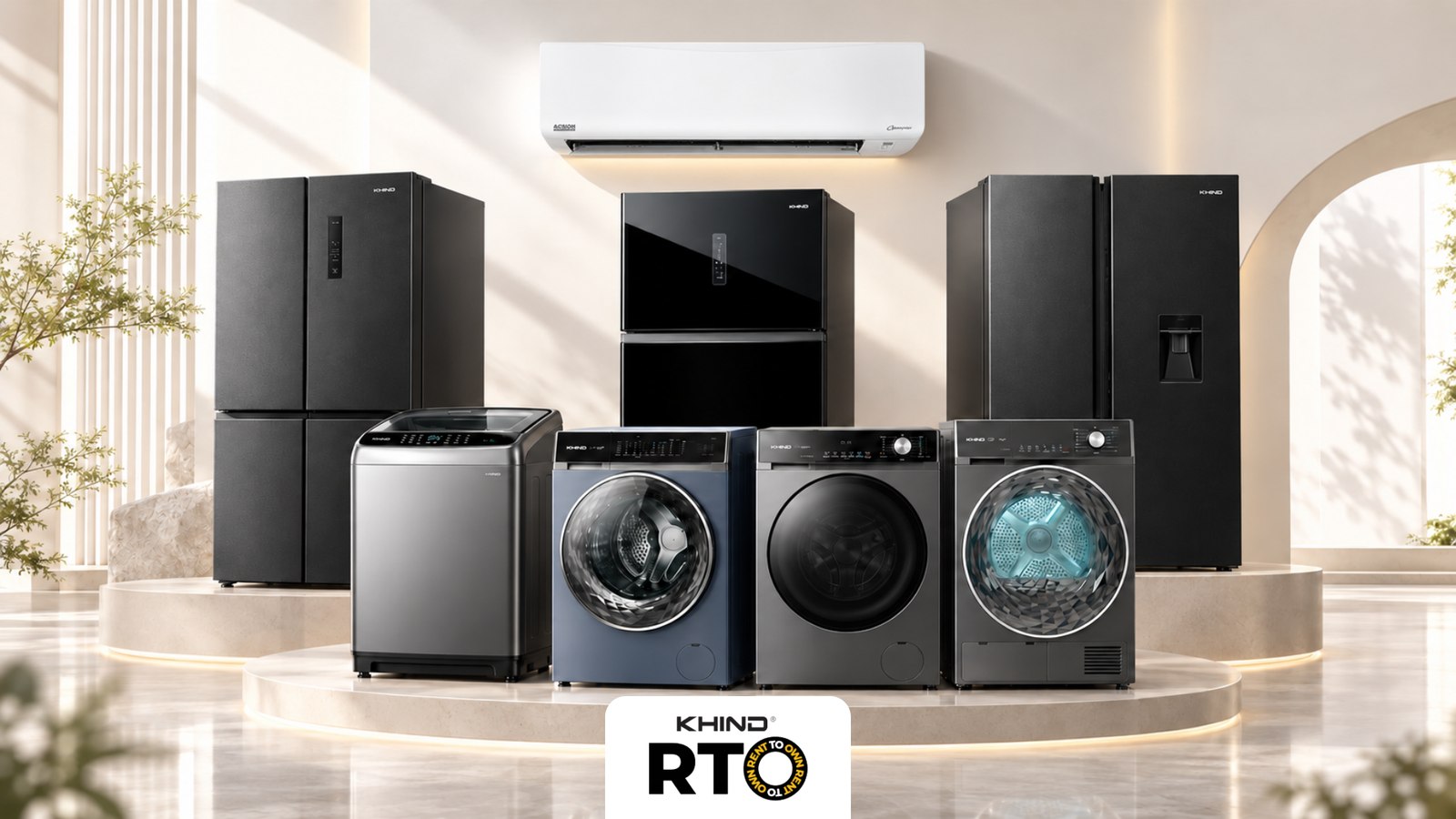 Koleksi produk Khind RTO: peti sejuk, mesin basuh, pengering dan aircond