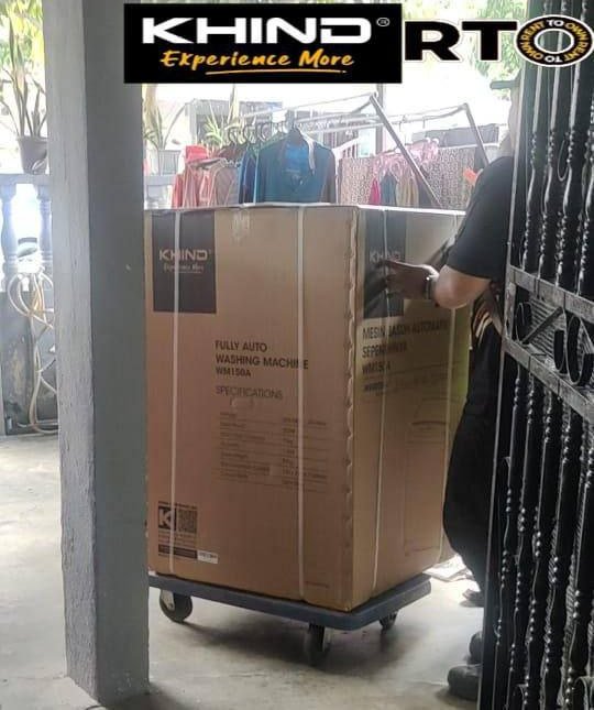 Kotak mesin basuh Khind WM150A dihantar dengan troli